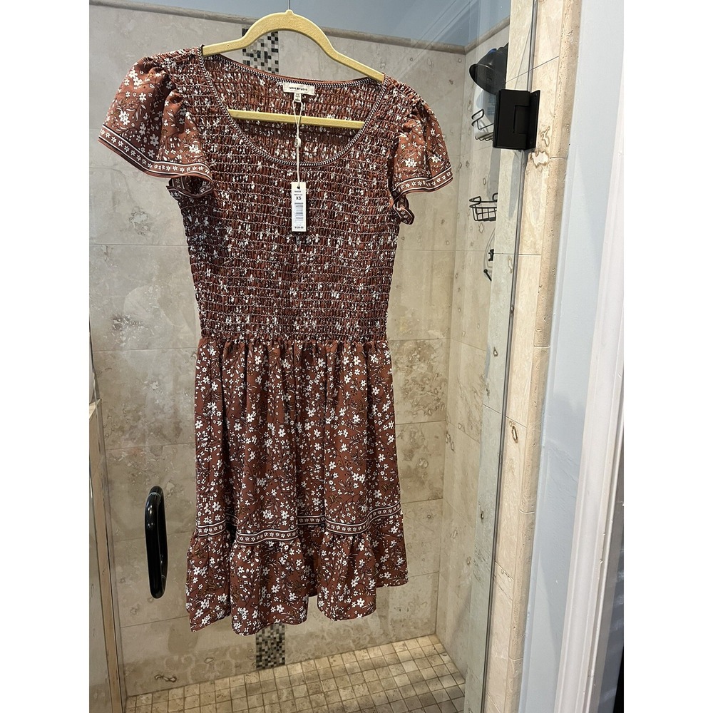 Max Studio Womens Brown Pink Floral Smocked Ruffle Hem Dress XS NEW